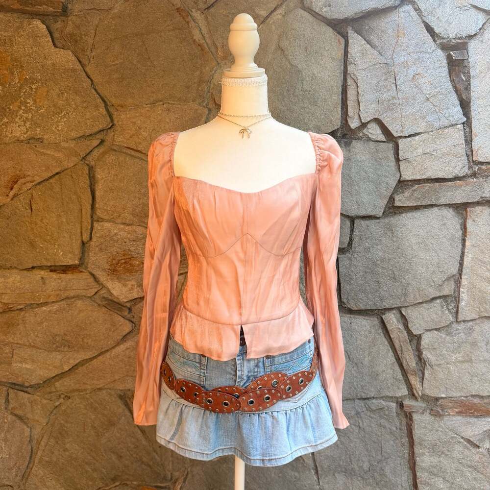 Good American Size 3 Pink Satin Corset Long Sleeve Top